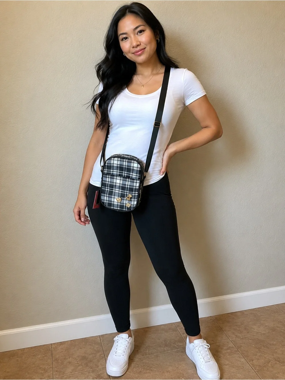 Plaid Black Crossbody Bag with Gold Accents New